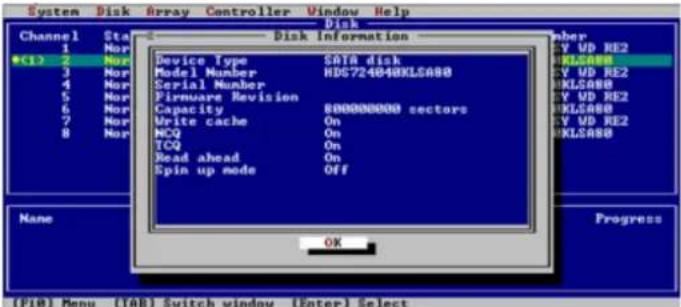 System Disk Array Controller Window Help Disk Disk Information Device Type SATA disk Model Number HD5724040KLSA80 Serial Number Firmware Revision Capacity 800000000 sectors Write cache On NCQ On TCQ On Read ahead On Spin up mode OFF OK Name Progress (F10) Menu (IAB) Switch window (Enter) Select