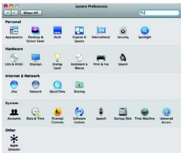 System Preferences Show All Personal Apparsance Desktop & Screen Saver Dock Expose & Spaces International Security Spotlight Hardware CDs & DVDs Displays Energy Saver Keyboard & Mouse Print & Fax Sound Internet & Network JMac Network QuickTime Sharing System Accounts Date & Time Parental Controls Software Update Speech Startup Disk Time Machine Universal Access Other Apple Qmaster