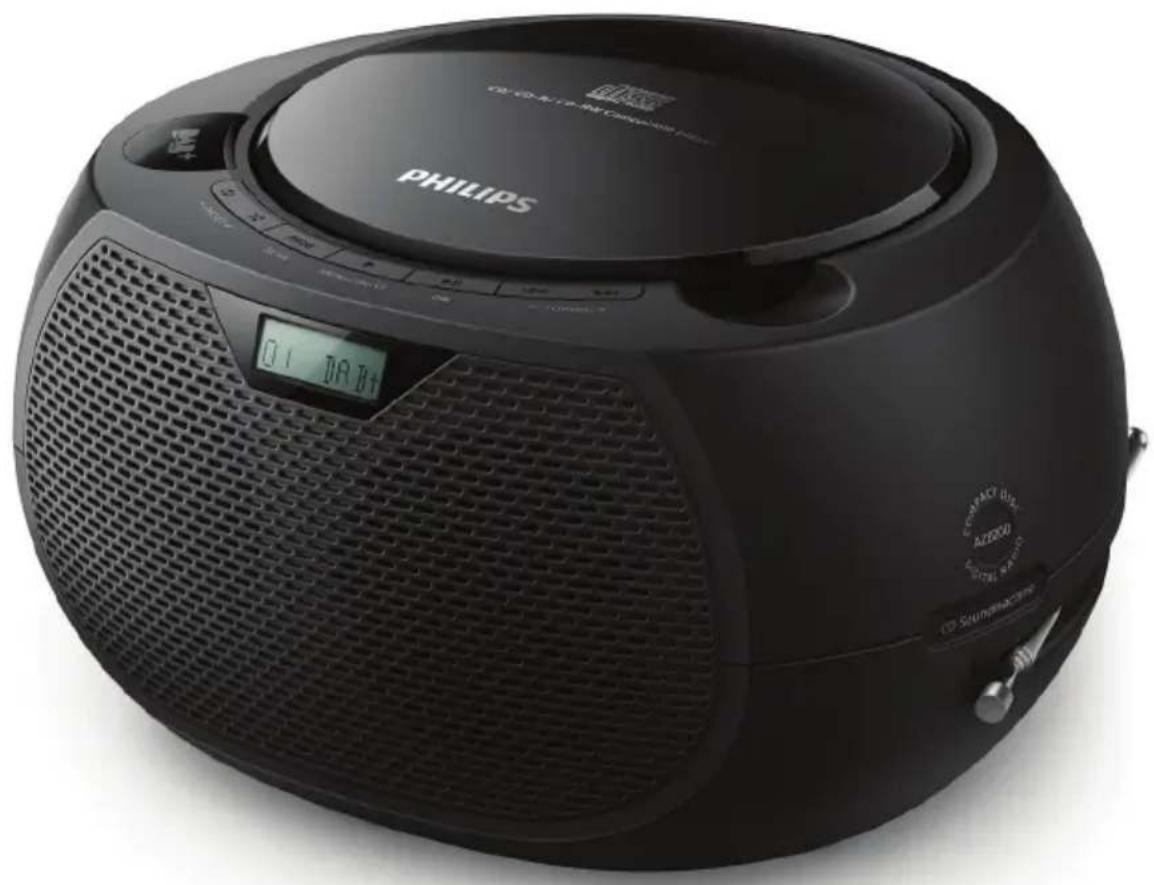 Black Philips portable radio with digital display and control buttons (no readable text beyond brand name)