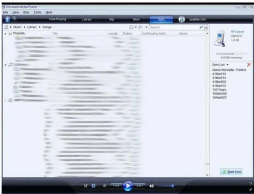 Windows Media Player File View Play Tools Help New Playing Library Rip Burn Sync a audible.com Music Library Songs Playouts Title Length Rating Contributing Artist Album MP3 player Signalful 1.8 GB 9/13 HB remaining Sync List Alanis Montpette - Perfect 41Mar010 41Mar014 41Mar005 41Mar012 100 Years 16mAh009 16mAh007 Start Sync