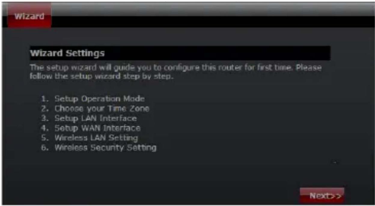 Wizard Wizard Settings The setup wizard will guide you to configure this router for first time. Please follow the setup wizard step by step. 1. Setup Operation Mode 2. Choose your Time Zone 3. Setup LAN Interface 4. Setup WAN Interface 5. Wireless LAN Setting 6. Wireless Security Setting
