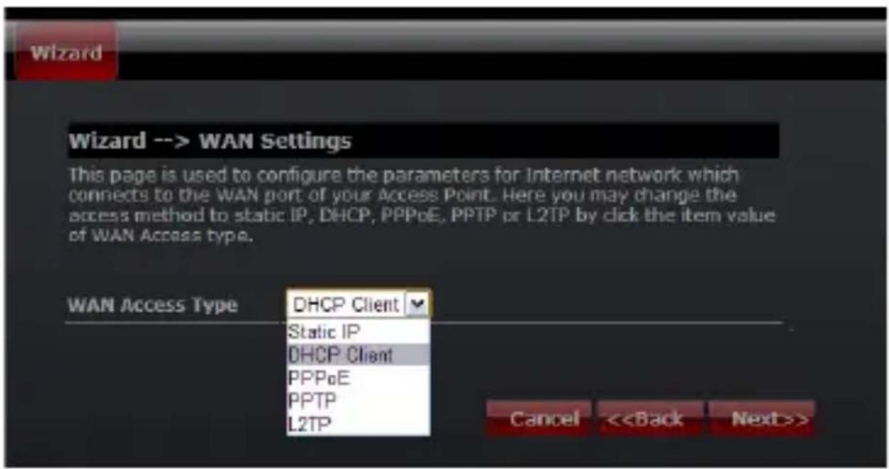Wizard --> WAN Settings This page is used to configure the parameters for Internet network which connects to the WAN port of your Access Point. Here you may change the access method to static IP, DHCP, PPPoE, PPTP or L2TP by click the item value of WAN Access type. WAN Access Type DHCP Client Static IP DHCP Client PPPoE PPTP L2TP Cancel <>