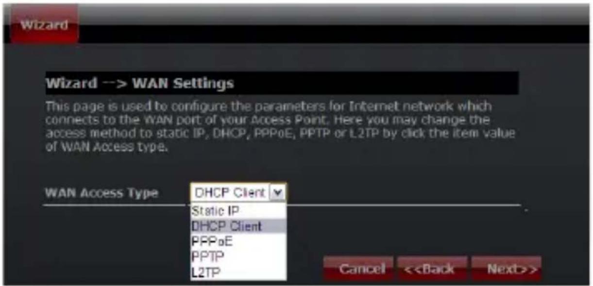 Wizard --> WAN Settings This page is used to configure the parameters for Internet network which connects to the WAN port of your Access Point. Here you may change the access method to static IP, DHCP, PPPoE, PPTP or L2TP by click the item value of WAN Access type. WAN Access Type DHCP Client Static IP DHCP Client PPPoE PPTP L2TP Cancel <>