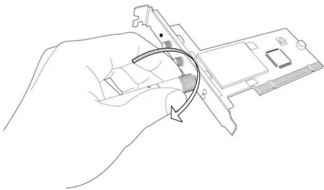 Line drawing of a hand holding a computer motherboard with a curved arrow indicating rotation (no text or symbols)