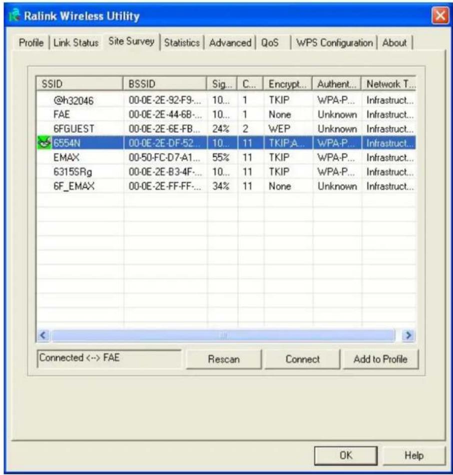 Ralink Wireless Utility Profile | Link Status | Site Survey | Statistics | Advanced | QoS | WPS Configuration | About | SSID BSSID Sig... C... Encrypt... Authent... Network T... @h32046 00-0E-2E-92-F9-... 10... 1 TKIP WPA-P... Infrastruct... FAE 00-0E-2E-44-6B-... 10... 1 None Unknown Infrastruct...…
