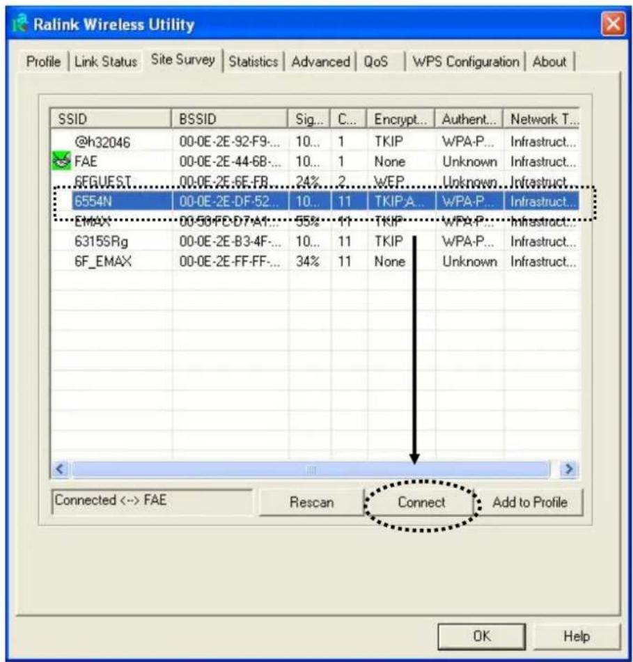 Ralink Wireless Utility Profile | Link Status | Site Survey | Statistics | Advanced | QoS | WPS Configuration | About | SSID BSSID Sig... C... Encrypt... Authent... Network T... @h32046 00-0E-2E-92-F9-... 10... 1 TKIP WPA-P... Infrastruct... FAE 00-0E-2E-44-68-... 10... 1 None Unknown Infrastruct...…