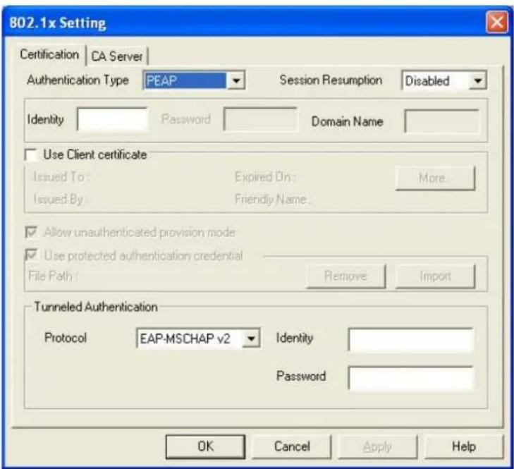 802.1x Setting Certification | CA Server Authentication Type PEAP Session Resumption Disabled Identity Password Domain Name Use Client certificate Issued To: Expired On: More... Issued By: Friendly Name: Allow unauthenticated provision mode Use protected authentication credential File Path: Remove I…