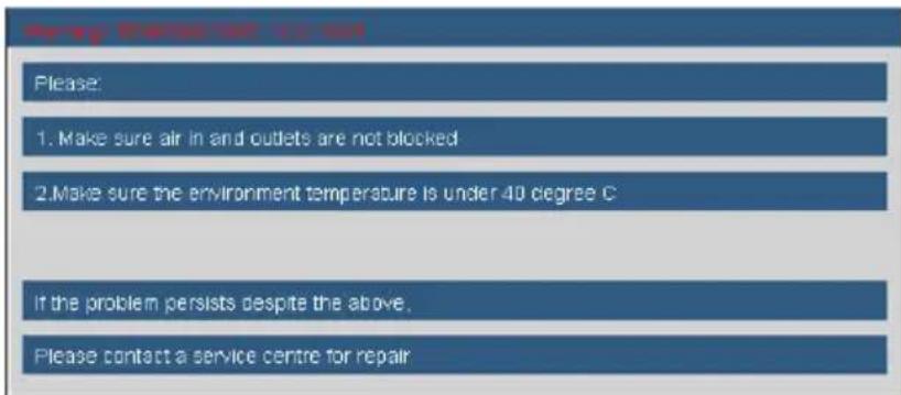 Please: 1. Make sure air in and outlets are not blocked 2. Make sure the environment temperature is under 40 degree C If the problem persists despite the above. Please contact a service centre for repair