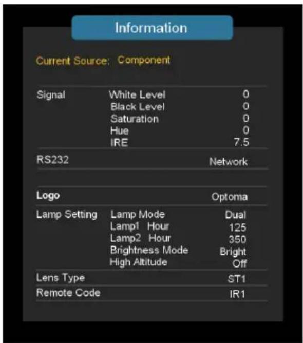 Information Current Source: Component Signal White Level 0 Black Level 0 Saturation 0 Hue 0 IRE 7.5 RS232 Network Logo Optoma Lamp Setting Lamp Mode Dual Lamp1 Hour 125 Lamp2 Hour 350 Brightness Mode Bright High Altitude Off Lens Type ST1 Remote Code IR1