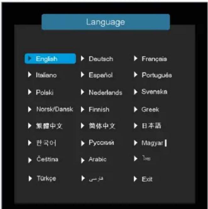 Language English ▶ Deutsch ▶ Français Italiano ▶ Español ▶ Português Polski ▶ Nederlands ▶ Svenska Norsk/Dansk ▶ Finnish ▶ Greek 繁體中文 ▶ 筒体中文 ▶ 日本語 한국어 ▶ Русский ▶ Magyar | Čeština ▶ Arabic ▶ Ive Türkçe ▶ قارسی ▶ Exit