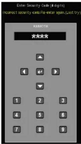 Enter Security Code (4 digits) Incorrect security code Re-enter again.(Last try) REMOTE **** ▲ ◄ ← ► ▼ 1 2 3 4 5 6 7 8 9