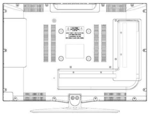 Technical line drawing of a computer monitor rear panel with ventilation grilles and control buttons (no text or symbols)