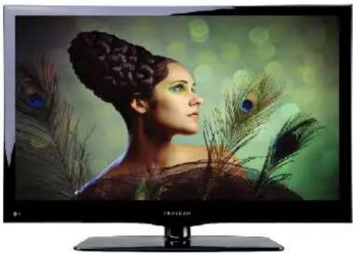 Modern flat-screen TV displaying a woman in a beaded headpiece with feather graphics (no visible text or symbols)