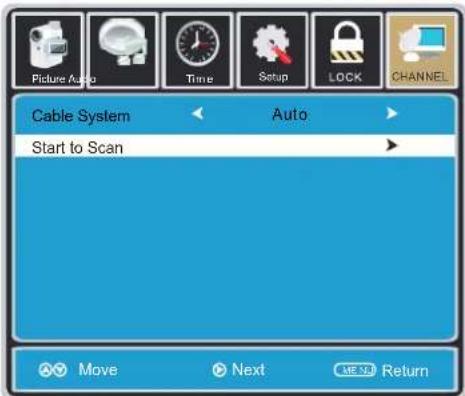 Picture Auto Time Setup LOCK CHANNEL Cable System Auto: Start to Scan Move Next Return