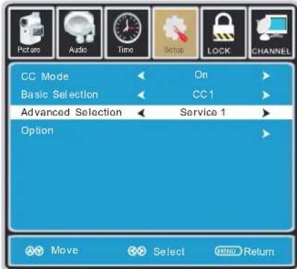 Picture Audio Time Setup LOCK CHANNEL CC Mode On Basic Selection CC 1 Advanced Selection Service 1 Option Move Select SEND Return