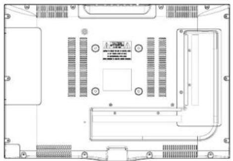 Top-down schematic of a computer motherboard showing CPU socket, drive bays, and ventilation slots (no text or labels)
