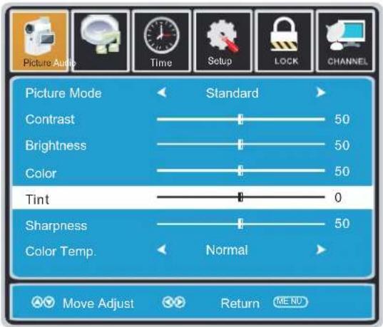 Picture Audio Time Setup LOCK CHANNEL Picture Mode Standard Contrast 50 Brightness 50 Color 50 Tint 0 Sharpness 50 Color Temp. Normal Move Adjust Return MENU