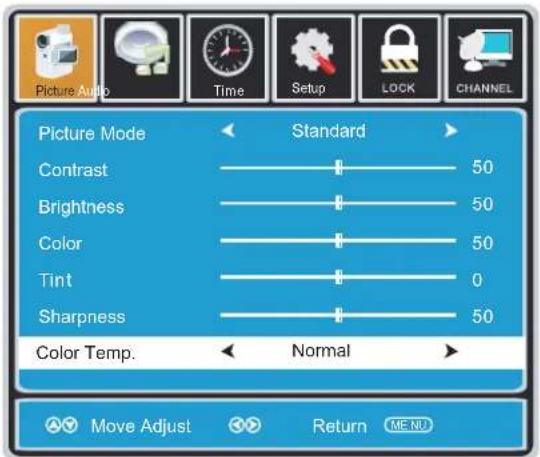 Picture Mode Contrast Brightness Color Tint Sharpness Color Temp. Standard 50 50 50 0 50 Normal Move Adjust Return MENU