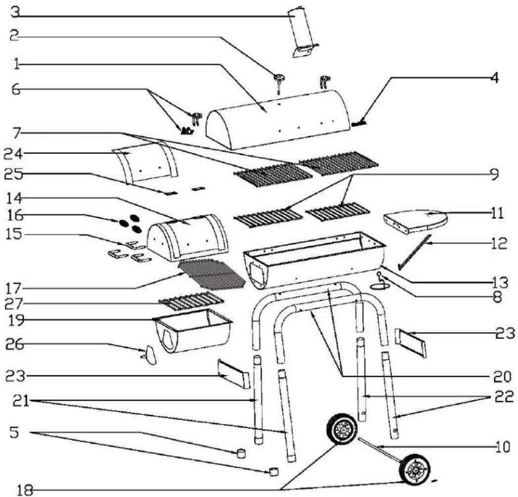 Exploded view diagram of a mechanical device with numbered parts for identification
