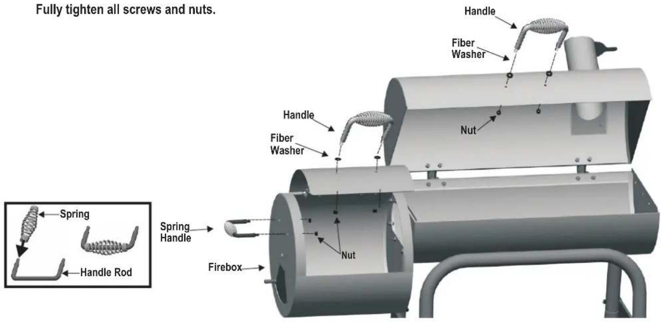 Fully tighten all screws and nuts. Handle Fiber Washer Nut Handle Fiber Washer Handle Spring Handle Nut Firebox