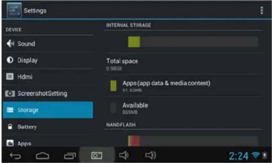 Settings DEVICE Sound Display Hdmi ScreenshotSetting Storage Battery Apps INTERNAL STORAGE Total space 0.98GB Apps(app data & media content) 21.02MB Available 869MB NANDFLASH 2:24