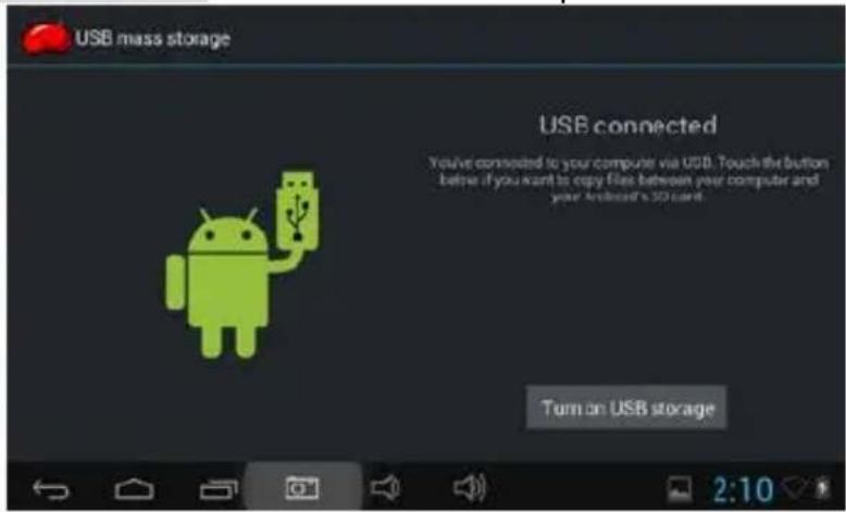USB mass storage USB connected You've connected to your computer via USB. Touch the button before if you want to copy files between your computer and your Android's 3D card. Turn on USB storage