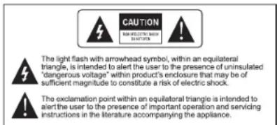 CAUTION The light flash with arrowhead symbol, within an equilateral triangle, is intended to alert the user to the presence of uninsulated "dangerous voltage" within product's enclosure that may be of sufficient magnitude to constitute a risk of electric shock. The exclamation point within an equilateral triangle is intended to alert the user to the presence of important operation and servicing instructions in the literature accompanying the appliance.