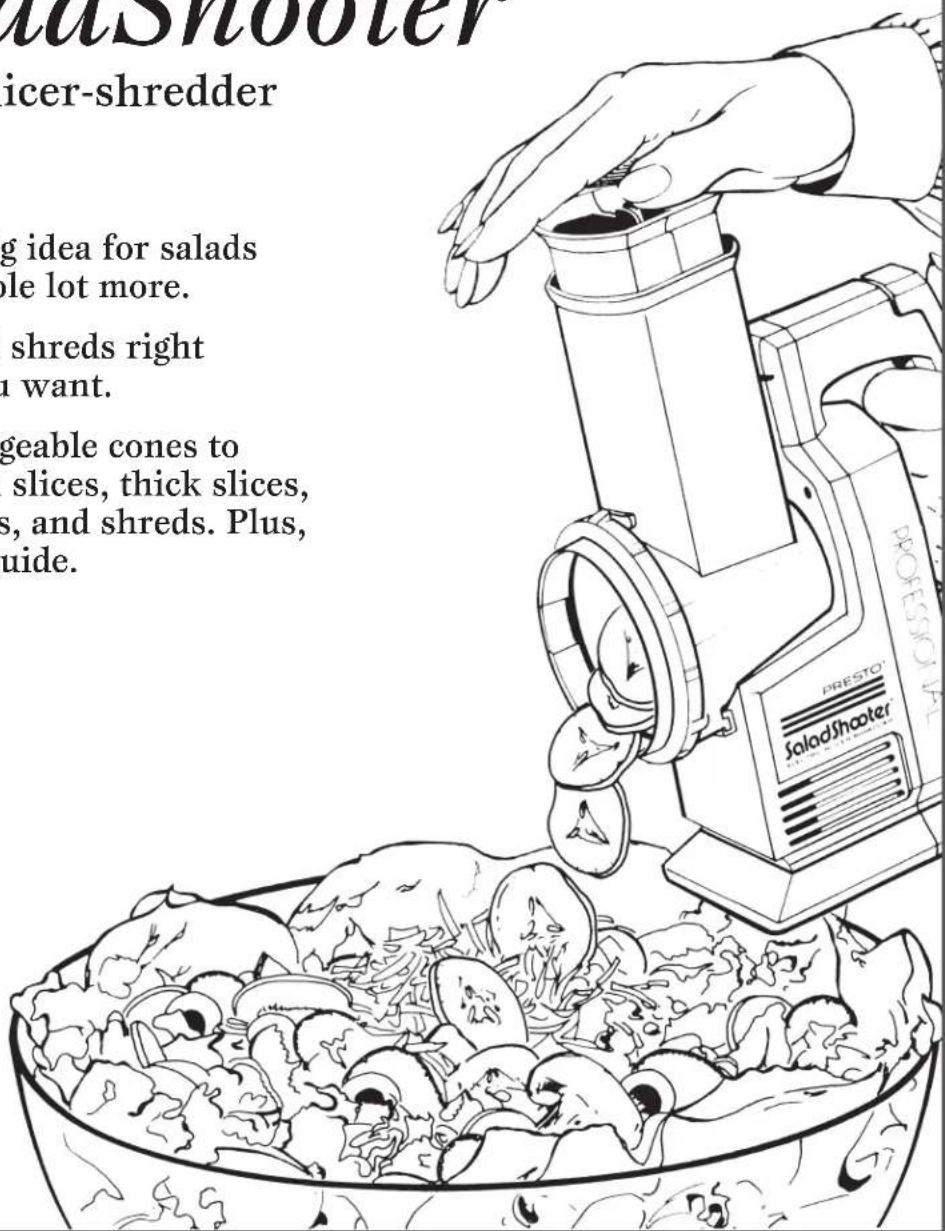 aShooter icer-shredder g idea for salads ble lot more. shreds right u want. geable cones to slices, thick slices, s, and shreds. Plus, uide.