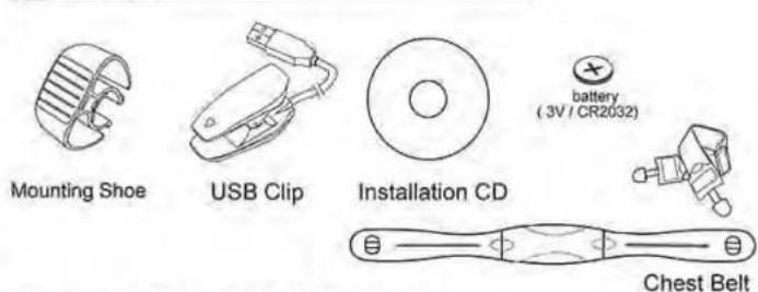 Mounting Shoe USB Clip Installation CD battery (3V / CR2032) Chest Belt