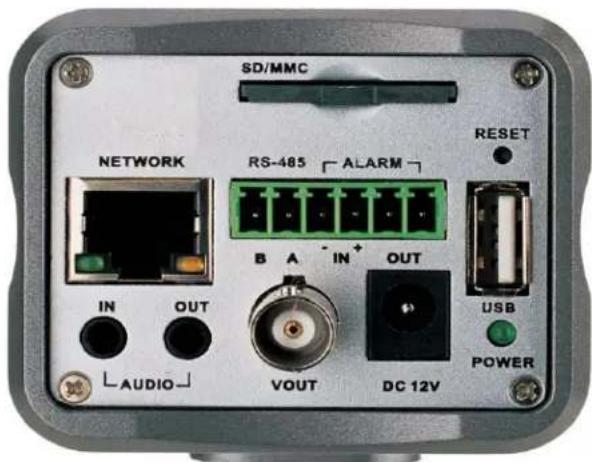 SD/MMC NETWORK RS-485 ALARM RESET IN OUT B A IN OUT USB POWER AUDIO VOUT DC 12V