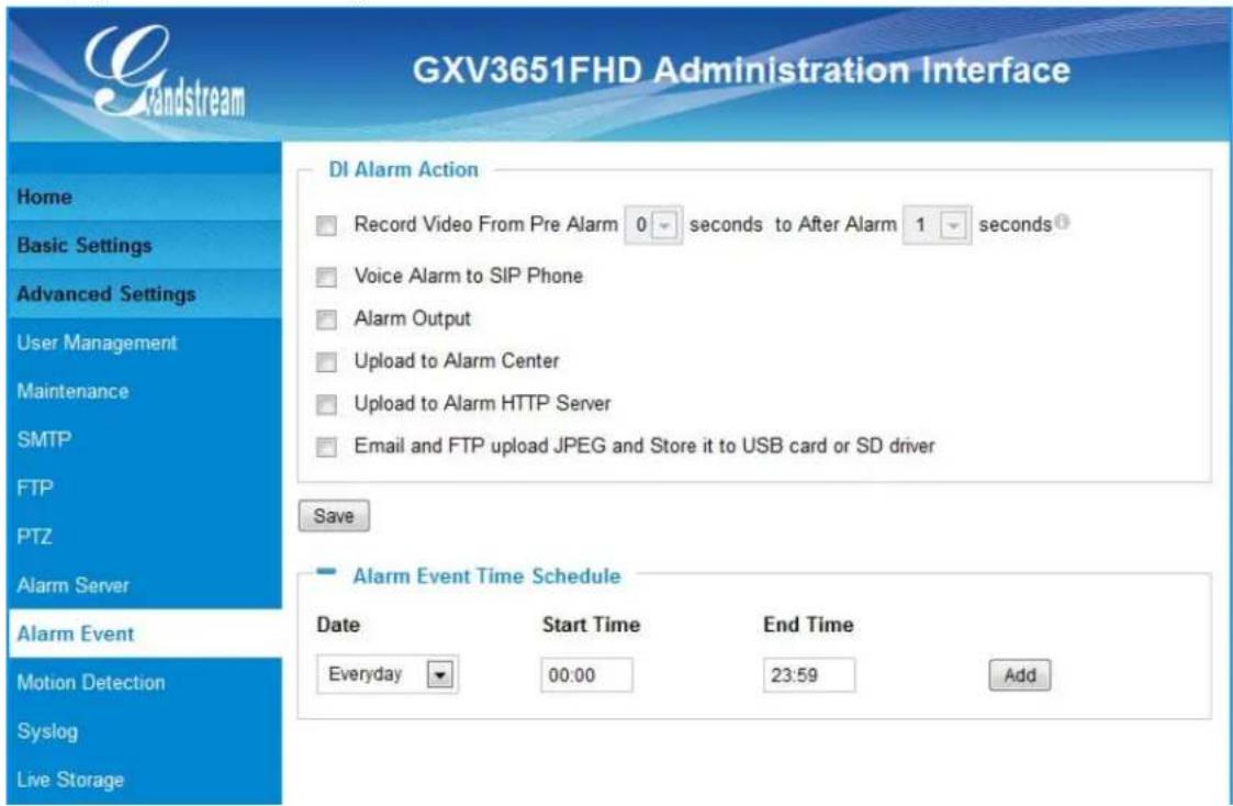 GXV3651FHD Administration Interface DI Alarm Action Record Video From Pre Alarm 0 seconds to After Alarm 1 seconds Voice Alarm to SIP Phone Alarm Output Upload to Alarm Center Upload to Alarm HTTP Server Email and FTP upload JPEG and Store it to USB card or SD driver Save Alarm Event Time Schedule Date Start Time End Time Everyday 00:00 23:59 Add