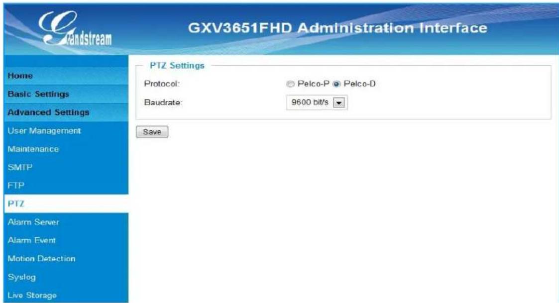 GXV3651FHD Administration Interface Home Basic Settings Advanced Settings User Management Maintenance SMTP FTP PTZ Settings Protocol: Pelco-P Pelco-D Baudrate: 9600 bit/s Save