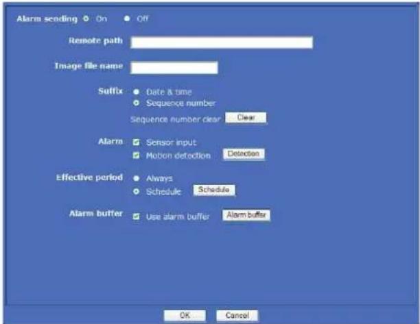 Alarm sending On OFF Remote path Image file name Suffix Date & time Sequence number Sequence number clear Clear Alarm Sensor input Motion detection Detection Effective period Always Schedule Schedule Alarm buffer Use alarm buffer Alarm buffer OK Cancel
