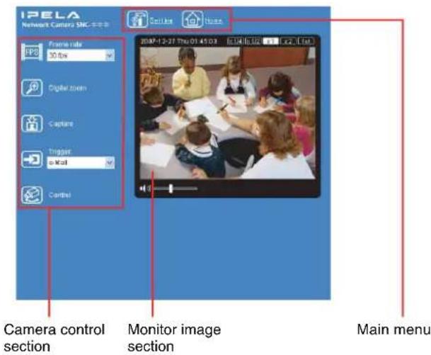 IPELA Network Camera SNC-3-02 Camera control section Monitor image section Main menu