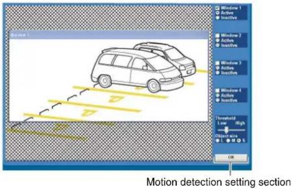 Window 1 Active Inactive Window 2 Active Inactive Window 3 Active Inactive Window 4 Active Inactive Threshold High Distance OK Motion detection setting section