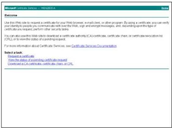 Microsoft Certificate Services - MEQUSA Welcome Use this Web site to request a certificate for your Web browser, e-mail client, or other program. By using a certificate, you can verify your identity to people you communicate with over the Web, sign and excerpt messages, and, depending upon the type of certificate you request, perform other security tasks. You can also use this Web site to download a certificate authority (CA) certificate, certificate chain, or certificate revocation list (CRL), or to view the status of a pending request. For more information about Certificate Services, see Certificate Services Documentation Select a task: Request a certificate View the status of a pending certificate request Downloaded a CA certificate, certificate chain, or CPL.