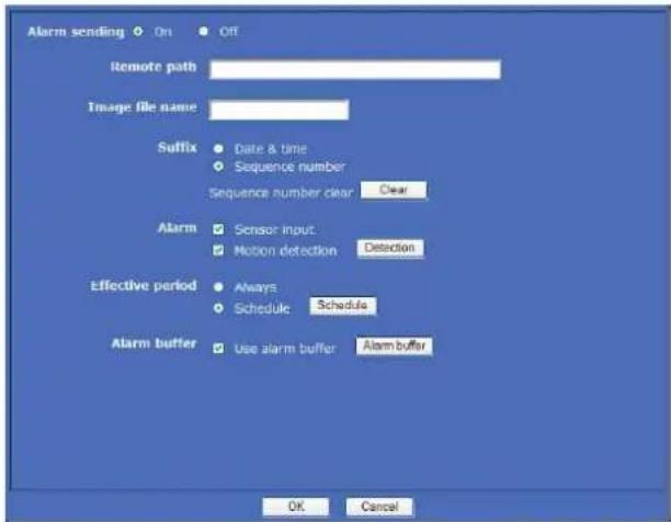 Alarm sending On Off Remote path Image file name Suffix Date & time Sequence number Sequence number clear Clear Alarm Sensor input Motion detection Detection Effective period Always Schedule Schedule Alarm buffer Use alarm buffer Alarm buffer OK Cancel