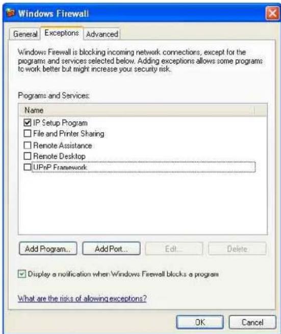 Windows Firewall General Exceptions Advanced Windows Firewall is blocking incoming network connections, except for the programs and services selected below. Adding exceptions allows some programs to work better but might increase your security risk. Programs and Services: Name IP Setup Program File and Printer Sharing Remote Assistance Remote Desktop UPnP Framework Add Program... Add Port... Edit... Delete Display a notification when Windows Firewall blocks a program What are the risks of allowing exceptions? OK Cancel