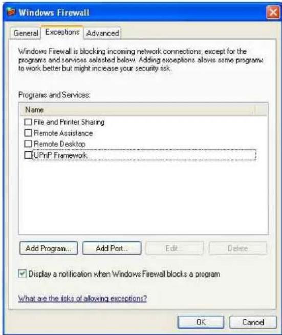 Windows Firewall General Exceptions Advanced Windows Firewall is blocking incoming network connections, except for the programs and services selected below. Adding exceptions allows some programs to work better but might increase your security risk. Programs and Services: Name □ File and Printer Sharing □ Remote Assistance □ Remote Desktop □ UPnP Framework Add Program... Add Port... Edit... Delete □ Display a notification when Windows Firewall blocks a program What are the risks of allowing exceptions? OK Cancel
