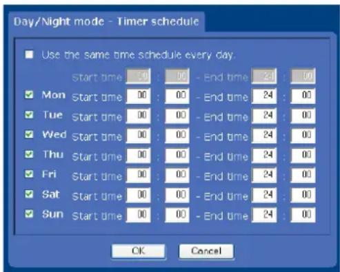Day/Night mode - Timer schedule Use the same time schedule every day. Start time 50 : 00 - End time 24 : 00 Mon Start time 00 : 00 - End time 24 : 00 Tue Start time 00 : 00 - End time 24 : 00 Wed Start time 00 : 00 - End time 24 : 00 Thu Start time 00 : 00 - End time 24 : 00 Fri Start time 00 : 00 - End time 24 : 00 Sat Start time 00 : 00 - End time 24 : 00 Sun Start time 00 : 00 - End time 24 : 00 OK Cancel