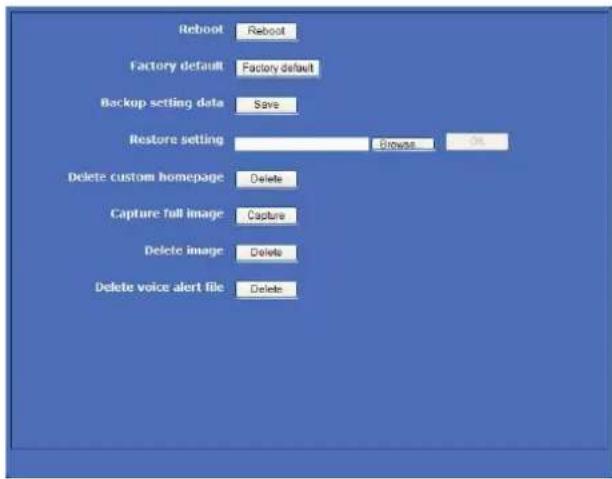 Reboot Reboot Factory default Factory default Backup setting data Save Restore setting Browse Or Delete custom homepage Delete Capture full image Capture Delete image Delete Delete voice alert file Delete