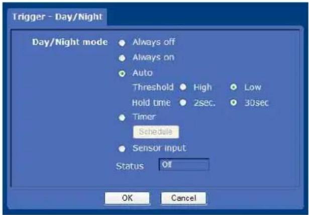 Trigger - Day/Night Day/Night mode ● Always off ● Always on ● Auto Threshold ● High ● Low Hold time ● 2sec. ● 30sec ● Timer Schedule ● Sensor input Status Off OK Cancel