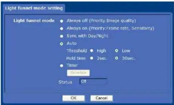 Light funnel mode setting Light funnel mode ● Always off (Priority:Image quality) ● Always on (Priority:Frame rate, Sensitivity) ● Sync with Day/Night ● Auto Threshold ● High ● Low Hold time ● 2sec. ● 30sec. ● Timer Schedule Status Off OK Cancel