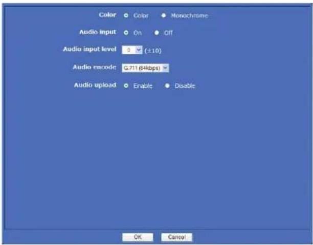 Color Color Monochrome Audio input On Off Audio input level (±10) Audio encode G711 (64kbps) Audio upload Enable Disable OK Cancel