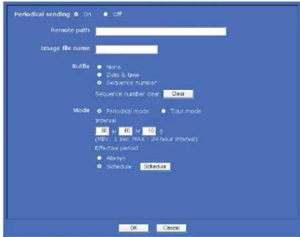 Periodical sending On Off Remote path Image file name Suffix None Data & time Sequence number Sequence number dear Clear Mode Periodical mode Tour mode Interval 80 H 60 M 10 $ (MIN : 1 sec. MAX : 24 hour interval) Effective period Always Schedule Schedule OK Cancel