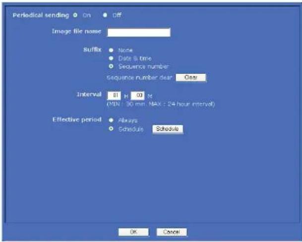 Periodical sending On Off Image file name Suffix None Date & time Sequence number Sequence number dear Clear Interval 81 H 00 M (MIN : 30 min, MAX : 24 hour interval) Effective period Always Schedule Schedule OK Cancel