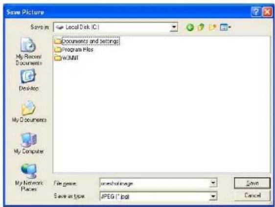 Save Picture Save in: Local Disk (C:) Documents and Settings Program Files WINNT My Recent Documents Desktop My Documents My Computer My Network Places File genre: oneshotimage Save as type: JPEG (*.jpg) Save Cancel