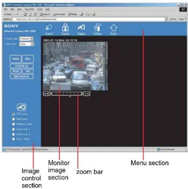 SONY Network Camera 50C 2003 Frame size: Pencil View size: Auto WIDE TEL BECOM 82 BEAR FAX ONE PUSH AF FTP sound Mail sound Memory case Alarm out 1 Alarm out 2 Day 1 Right 2003-07-16 Wed 02 22:16 Monitor image section zoom bar Menu section Image control section