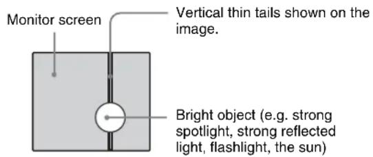 Monitor screen Vertical thin tails shown on the image. Bright object (e.g. strong spotlight, strong reflected light, flashlight, the sun)