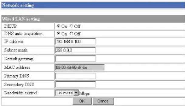 Network setting Wired LAN setting DECP On Off DNS auto acquisition On Off IP address 192.168.0.100 Subnet mask 255.0.0.0 Default gateway MAC address 09-00-46-96-d7-6v Primary DNS Secondary DNS Bandwidth control Unlimited Mbps OK Cancel